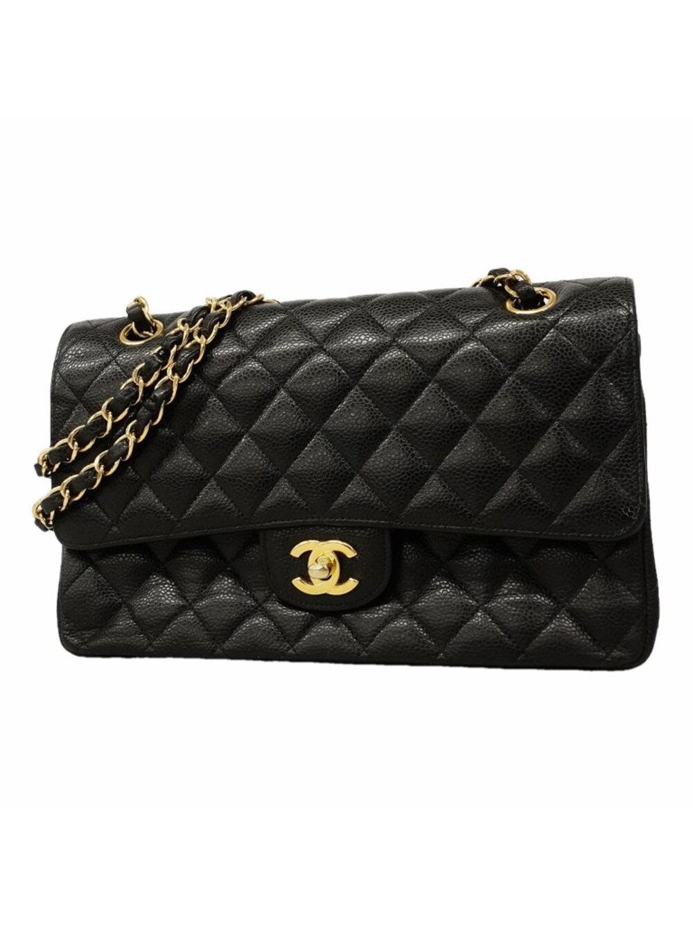 Chanel Shoulder Bag Quilted Caviar Leather Black Gold